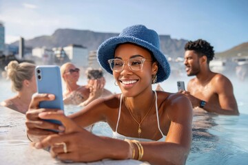 Fototapeta premium Young woman taking a selfie with friends in a sunny outdoor pool while relaxing on vacation
