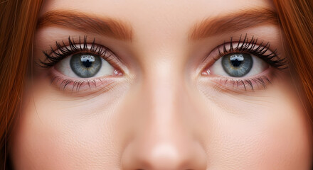 Fototapeta premium Close-up of woman's green eyes with dramatic false eyelashes and soft makeup. Generated AI