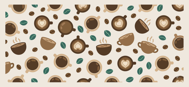 coffee beans and cups seamless pattern illustration, hand drawn doodle cafe background, flat vector coffee lover wallpaper, creative kitchen textile design, aesthetic brown and beige caffeine art, mod