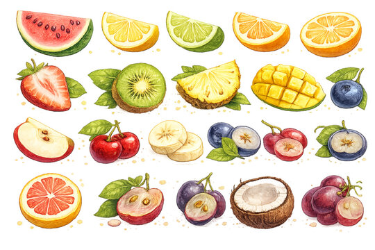 fruit slice illustration, fruit slice set, sliced fruit collection, colorful fruit slices, fresh fruit, juicy fruit, tropical fruit, citrus slices, healthy food, organic fruit, food illustration, bota