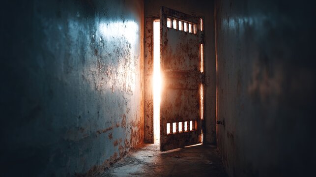 ajar. Heavy rusted iron prison door ajar with light streaming in. real-estate listings, architecture portfolios, designed for interior renovation comparisons for interiors, showcases craftsmanship.
