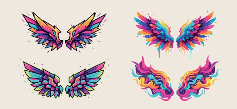 Colorful angel wings art, vibrant eagle wing vector, mythical bird wing illustration, creative fantasy wing design, rainbow feather art graphics, artistic flight symbol set, modern tattoo wing style
T