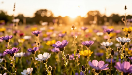 Fototapeta premium A field is filled with colorful flowers, showcasing a variety of vibrant blooms. In the background, sunlight illuminates the flowers, enhancing their colors.