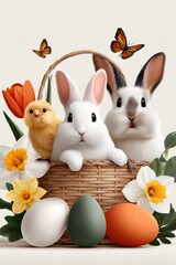 Fototapeta premium Easter bunnies and chick in a wicker basket with colorful eggs and spring flowers