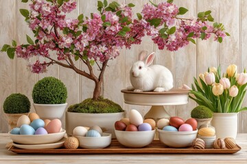 Fototapeta premium Easter table centerpiece with white rabbit, pastel eggs and blooming spring flowers on wood