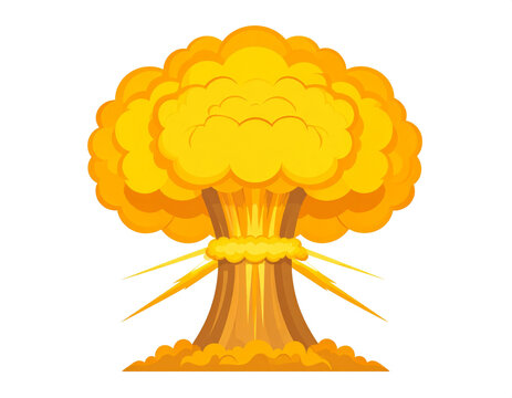 Cartoon-style nuclear explosion with mushroom cloud isolated over transparent background, png illustration