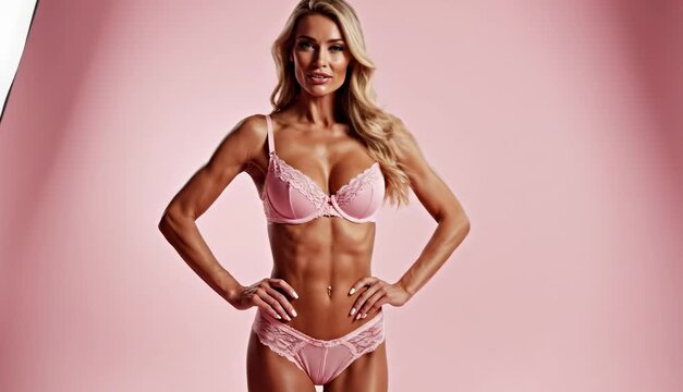 Athletic blonde woman in pink lace lingerie posing in a photo studio, showcasing her defined abs and toned body. Professional fitness model on a pink background under softbox lighting
