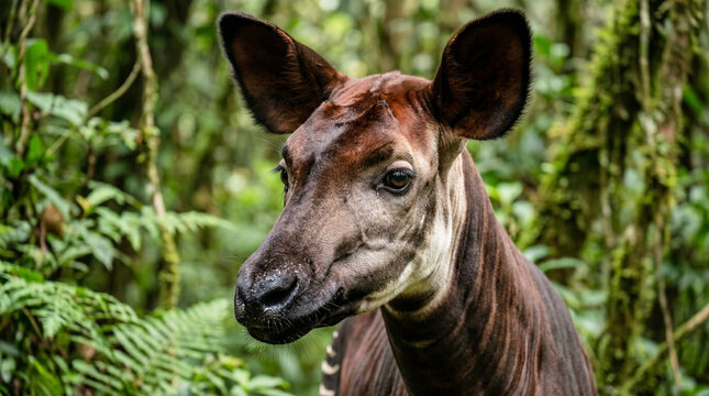 Okapi close up portrait in tropical forest environment