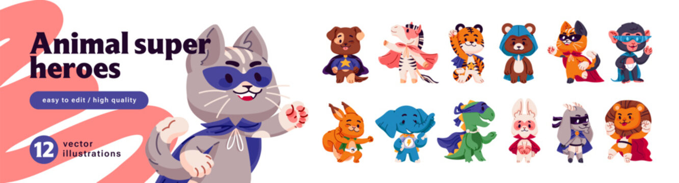 Cute animal superheroes set. Funny and brave baby heroes with masks and capes. Happy dog, cat, bear, rabbit and monkey with super powers. Flat isolated vector illustration on white background