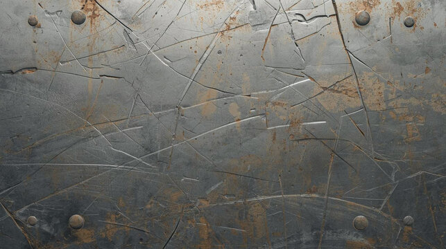 Grungy dark metal texture background with heavy scratches and weathered rivets. High resolution industrial steel plate for rugged design, urban aesthetic, game assets, and commercial web backgrounds.