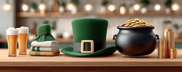 Fototapeta premium St. Patrick's Day background with green leprechaun hat, pot of gold, coins and beer on counter