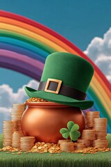 Fototapeta premium St. Patrick's Day pot of gold with leprechaun hat, rainbow and lucky shamrock on grass