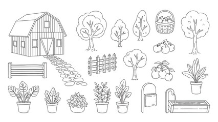 Fototapeta premium Rural farmhouse and garden line art icons set.