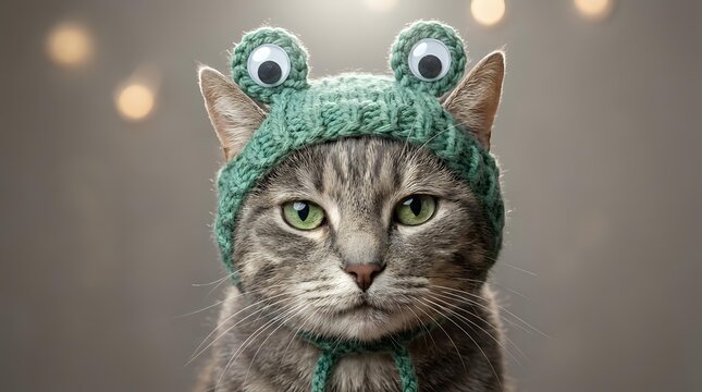 Adorable tabby cat wearing green knitted frog hat with googly eyes and ears, funny pet costume for social media content and greeting cards.