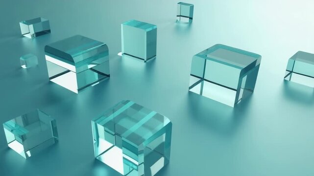 Abstract 3D render of transparent glass cubes in various sizes arranged on a glossy blue surface. Modern minimal concept for technology, design, and innovation backgrounds.