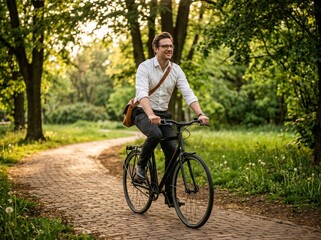 Naklejka premium Professional man commuting by bicycle on a park path