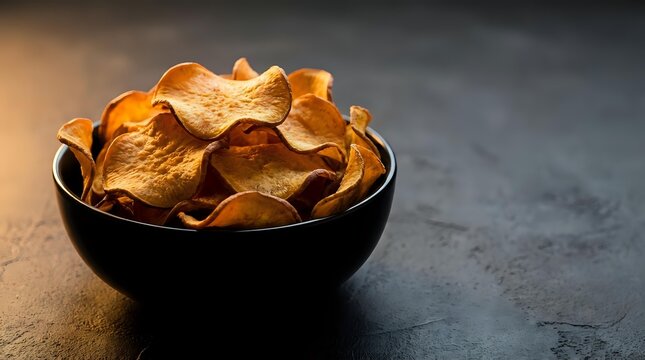 Crispy golden potato chips in black bowl on dark textured surface. Crunchy snack food for packaging design and culinary marketing materials.