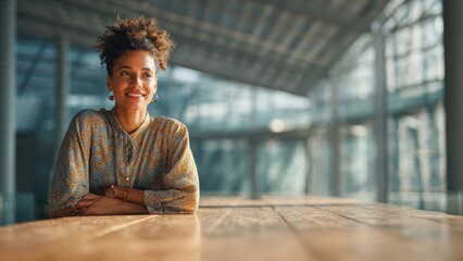 Obraz premium Happy Young African American Woman Smiling and Looking Sideways while Sitting at Wooden Table in Modern Glass Office Building with Natural Sunlight and Soft Bokeh Background for Copy Space