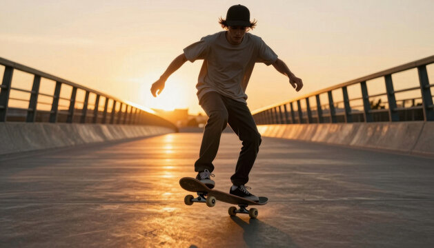 A young man skates on a smooth surface while performing tricks. The sunset casts warm light over the scene, enhancing the atmosphere of the skateboard session.
