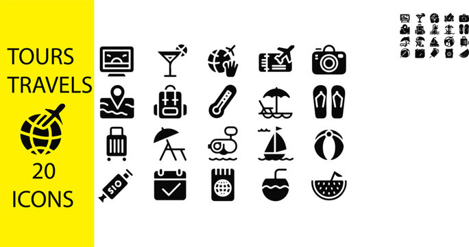 Set of 20 travel and tour icons on white background