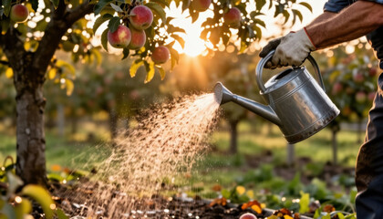 Naklejka premium A man waters apple trees in an orchard during sunset. The man uses a watering can to nourish the apple trees in the warm light of the setting sun.