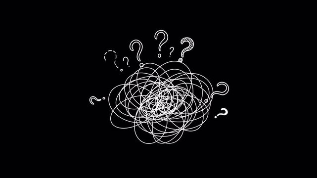 Animated Chaotic Thought Tangle with Shifting Question Marks Loop on Transparent Background. Mental confusion, brainstorming, complex problem solving, anxiety, and psychological distress.