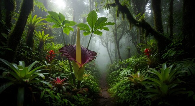 Mystical Tropical Rainforest Landscape with Titan Arum Flower and Misty Jungle Path