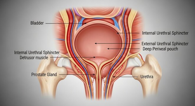 Anatomical Illustration of the Male Urinary System and Reproductive Organs.