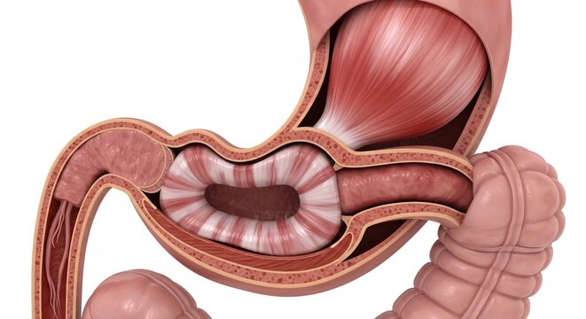 Detailed illustration of the human digestive system showing stomach and intestines.