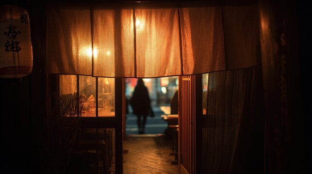 noren. Evening izakaya entrance with glowing curtain and silhouetted movement inside. real-estate listings, architecture portfolios, designed for interior renovation comparisons for interiors.