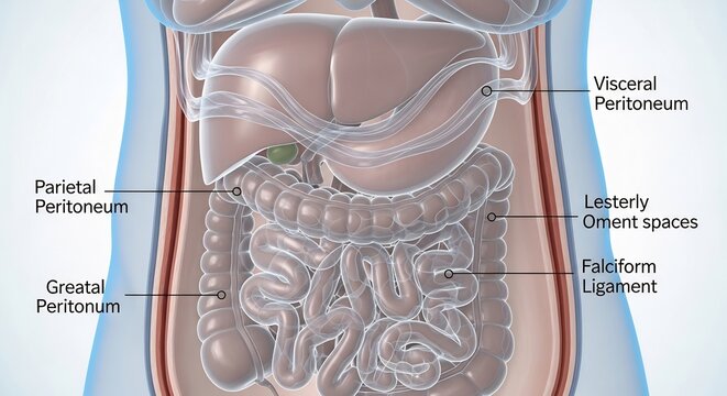 Anatomical Illustration of the Human Abdominal Peritoneum and Organs.