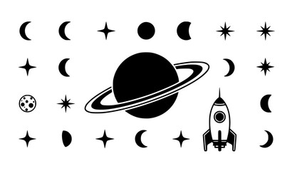 Space Icon Set with Planet, Rocket, Moon Phases, Stars, and Galaxy Elements in Minimal Black and White Style for UI, Apps, and Design © MINARA