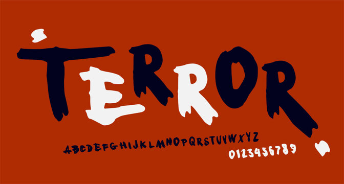 Handwritten brush sans serif font in grunge style. Letters and numbers for logo and t-shirt design. Color print on red background