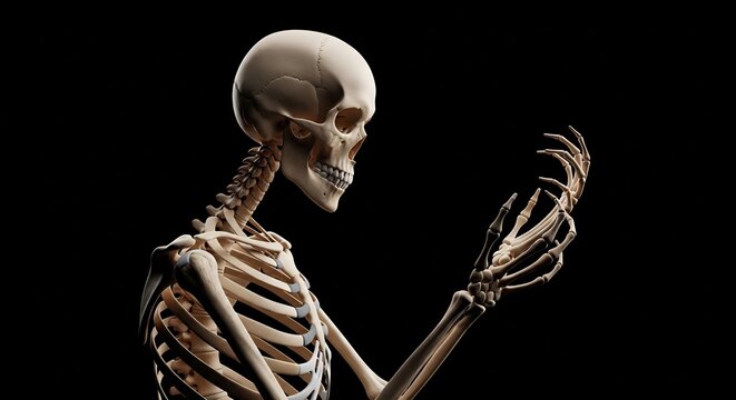 Detailed Human Skeleton Model in Profile View with Dark Background.