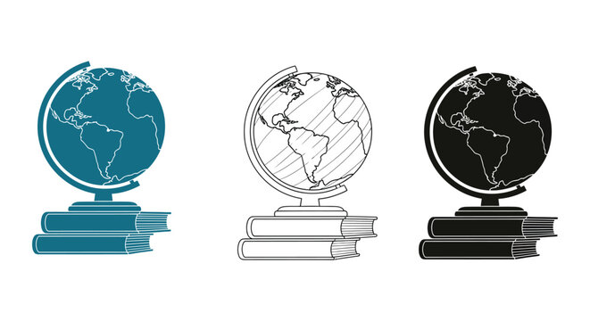 Globe icon illustrations in different colors on top of stacked books