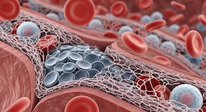 Microscopic view of blood clot formation with red blood cells and platelets.