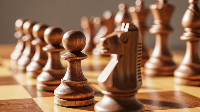 Strategic chess game setup with wooden chess pieces on a classic chessboard for strategic thinking and competitive gameplay in a professional setting