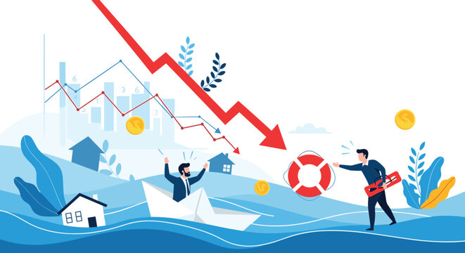 Businessman in a paper boat sinking in stormy seas while being offered a lifebuoy as financial charts crash downward.