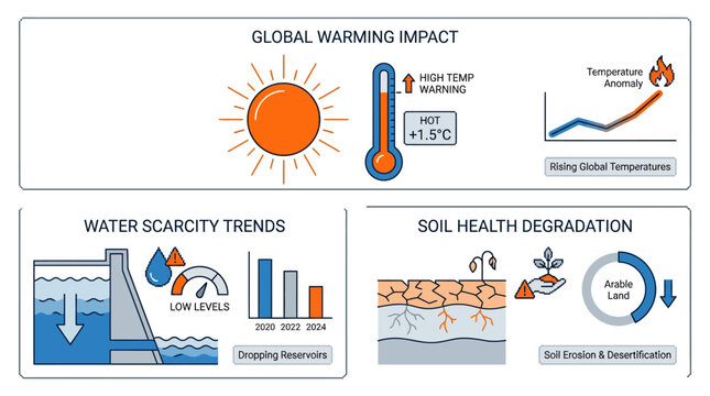 Global Warming and Environmental Degradation Trends Infographic: Sun, Thermometer, Water Scarcity, Soil Erosion, Arable Land Loss