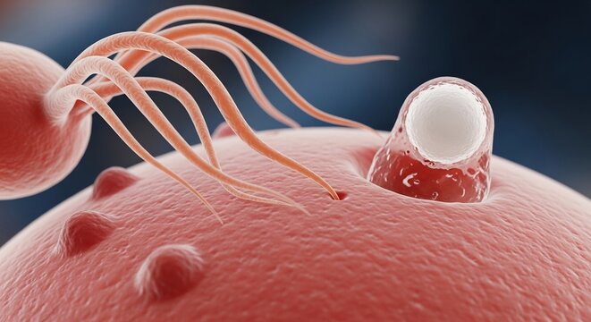 Microscopic view of sperm cells fertilizing an egg cell a symbol of new life and reproduction.