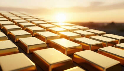 Obraz premium a close-up view of gold bars stacked in a row. The sunlight reflects off the gold bars, highlighting their polished surfaces and creating a warm glow.