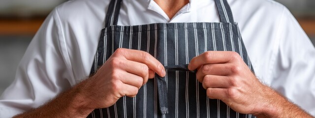 Naklejka premium Chef Adjust Apron Close Up, Professional Kitchen Prepare for Work Process