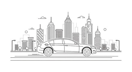 Naklejka premium Flat line art of a sleek car driving through a modern city skyline.