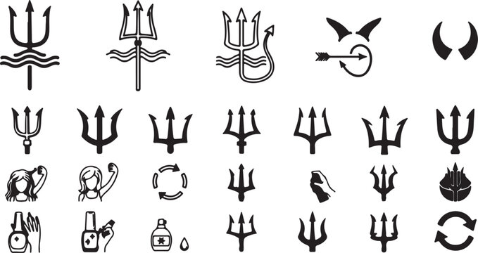 Trident, devil, evil, icon set, 25 black symbols, vector graphics