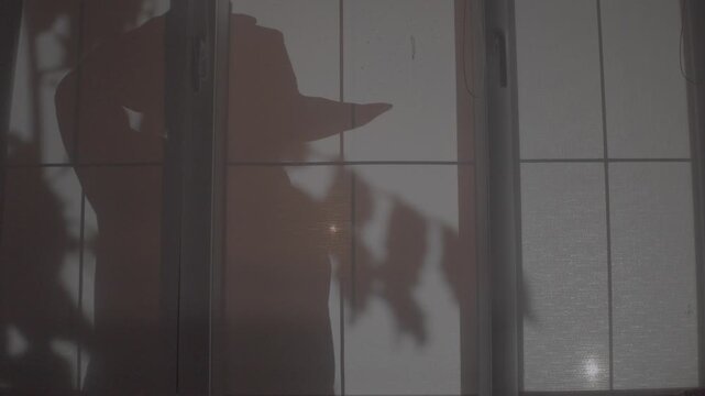 Silhouette of a man who is wearing a wide-brimmed hat and holding a kerosene lamp outside the window against the shadow of a swaying tree in the night light of the moon outside the window