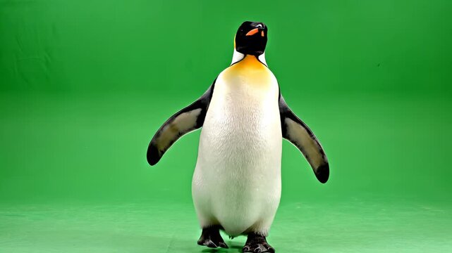 Emperor penguin bird animal wildlife green screen studio full body standing isolated arctic Antarctica winter cute funny walking upright waddling wings view background studio scene