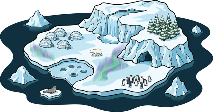 Arctic landscape vector illustration, polar ice cap with igloos, penguins and polar bear scene