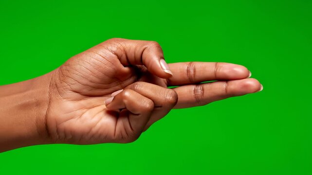 Hand gesture finger sign green background closeup skin tone symbol communication body language isolated detail focus hand finger gesture swipe signal vibrant green background closeup human