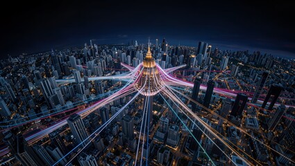 Obraz premium Aerial Smart City Intersection with Neon Data Flow at Night