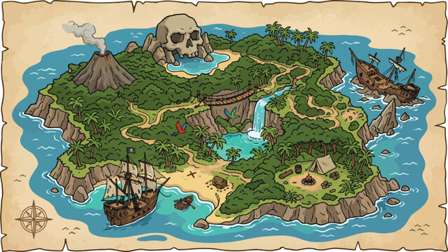 Vintage pirate treasure map vector, tropical island with skull mountain, nautical adventure chart